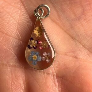 Dried Flowers Resin Sterling Silver 925 Teardrop Necklace Pendant